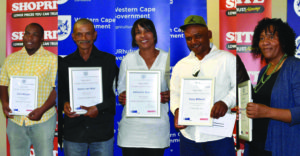 ASV Farms Villion Farms Hex River Valley prize winners: from left to Right: Chris Malgas - 2nd place, Technical Operator, Villion Farms, Nirvana, Henry van Wyk - 3rd place: Irrigation Specialist, Nirvana, Johanna Appolis - 2nd place: Administrative Personnel, Werda, Koos Witbooi - 3rd place: tractor drivers, Uitkyk, Martha January - 3rd prize: junior management, Boplaas. Absent was Social Development first place winner Maria Sibaya, Werda. 